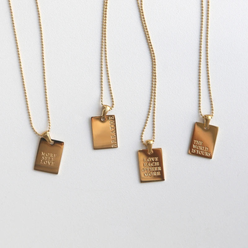 

4 Design Motto Engraved Letter Necklace Square Medallion Necklaces for Women Minimalist Stainless Steel Necklace Unisex Jewelry, Gold