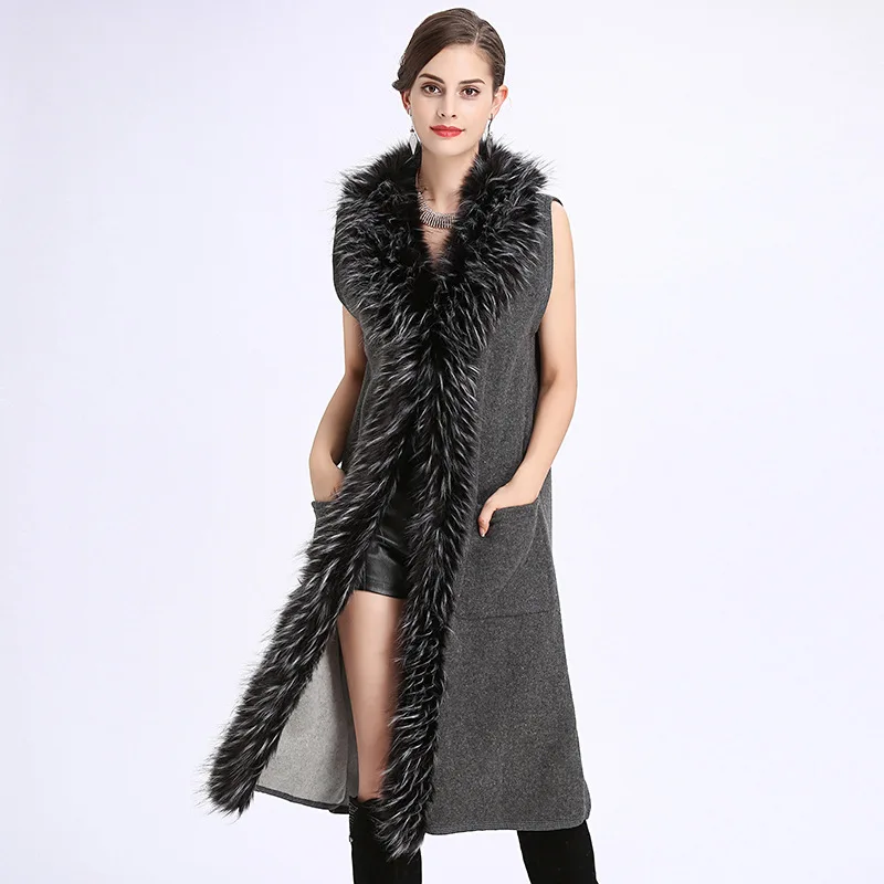 

Autumn/Winter faux mink fur collar sleeveless knitted womens vests