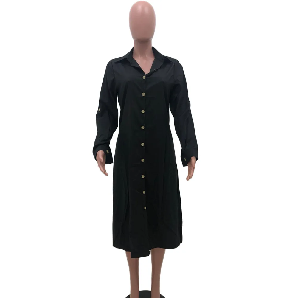 White Shirt Dresses Casual Button Up Long Sleeves Mid Calf African Fashion Women's Loose Robes Black Green africa clothing
