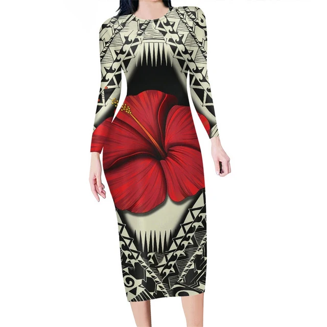 

Women's Casual Dresses Vintage Long Sleeve Bodycon Samoan Hibiscus Polynesian Tribal Brand Designer Ladies Party Pencil Dress, Customized color