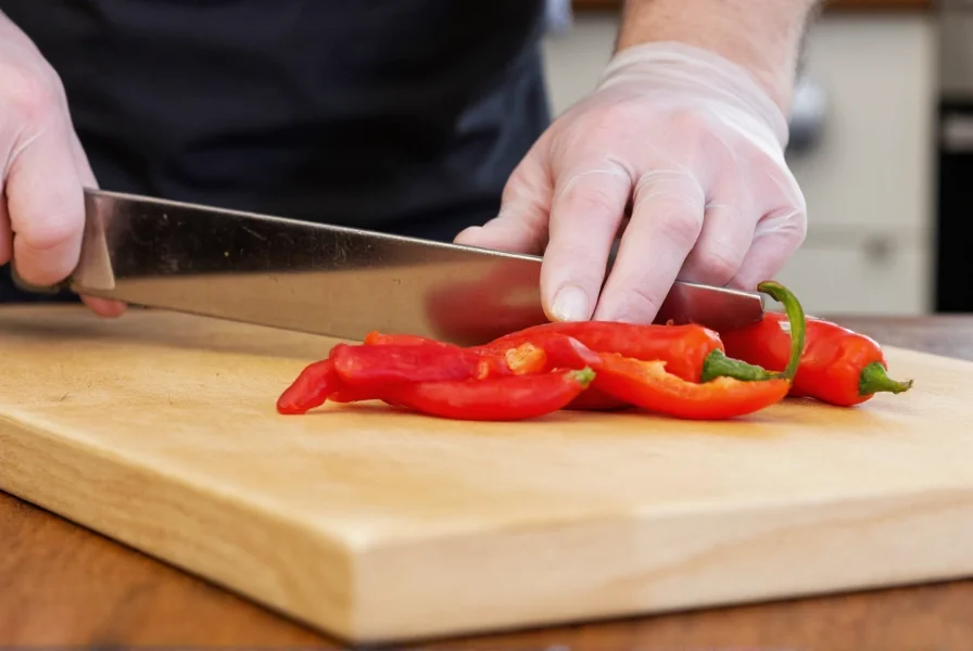 Chef's hands wearing gloves while carefully slicing red chilli peppers on cutting board with proper safety precautions