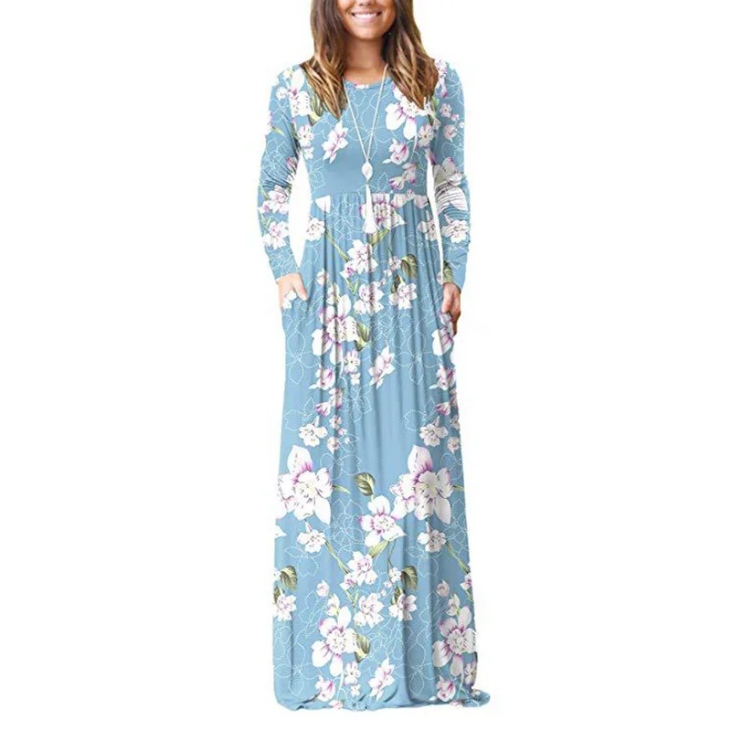 

New women's Clothing Winter Long Beach Bohemian Dresses Ladies Long Sleeve O Neck Loose Floral Maxi Casual Boho Shirt Dress