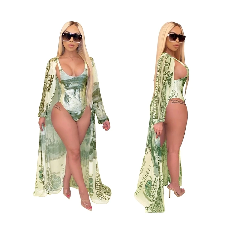 

2021 Women Swimwear Sexy One Piece High Waist Bodysuit and Long Cover up Set 2 Piece Swimsuit, Customized color