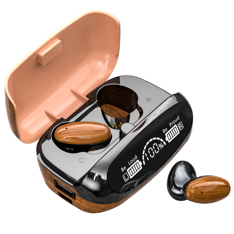 

M35 Wood Grain Wireless Headset LED Display 1200Mah Large Capacity Semi In-Ear Low Latency Game HD Call IPX6 Waterproof Earphone, Black