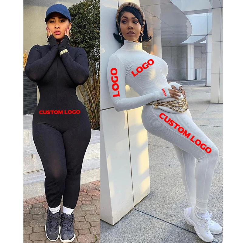 

Free Shipping Custom Logo Fashion Knit Womens Clothing Long Sleeve Ladies Front Zipper Long Jumpsuit Women, Customized color