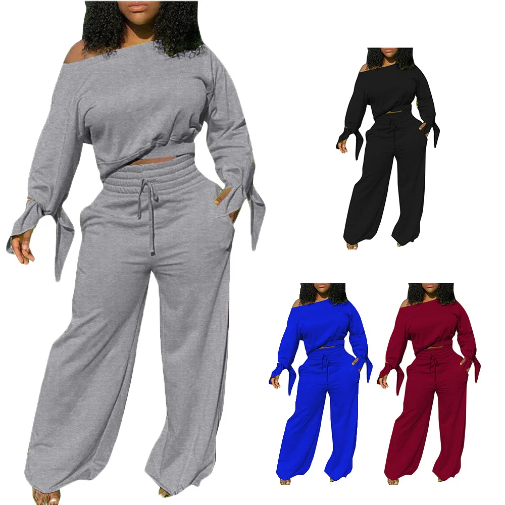 

2021 Fashion fall solid color sweater flare pants plus size 3XL two-piece suit woman, Black, gray, wine red, blue