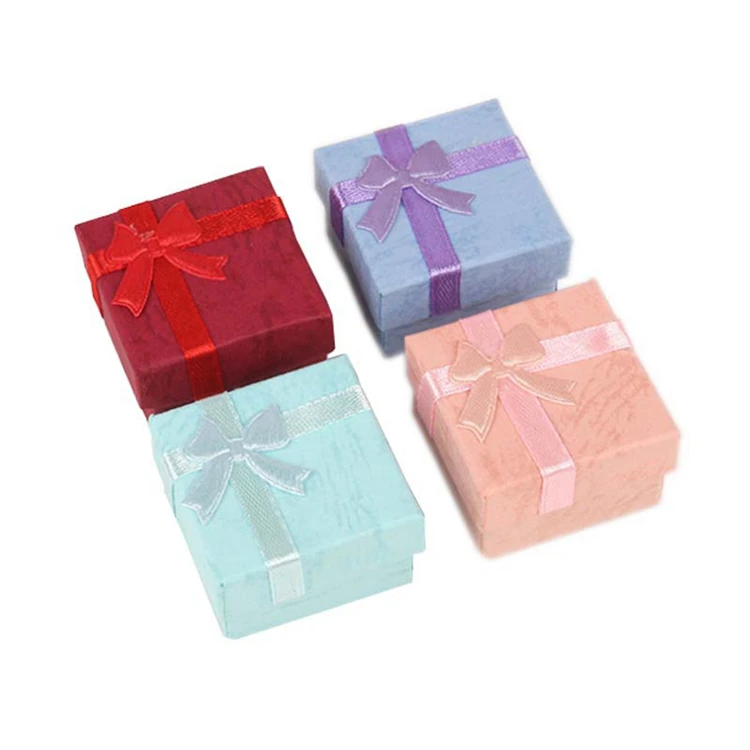 

Customize 4*4cm Cheap Bow Paper Ring Box Kids Jewelry gift Box With Ribbon