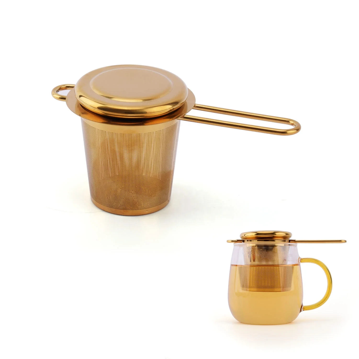 

Fine Mesh Double Handle Gold 304 Stainless Steel Tea Infuser Strainer Basket