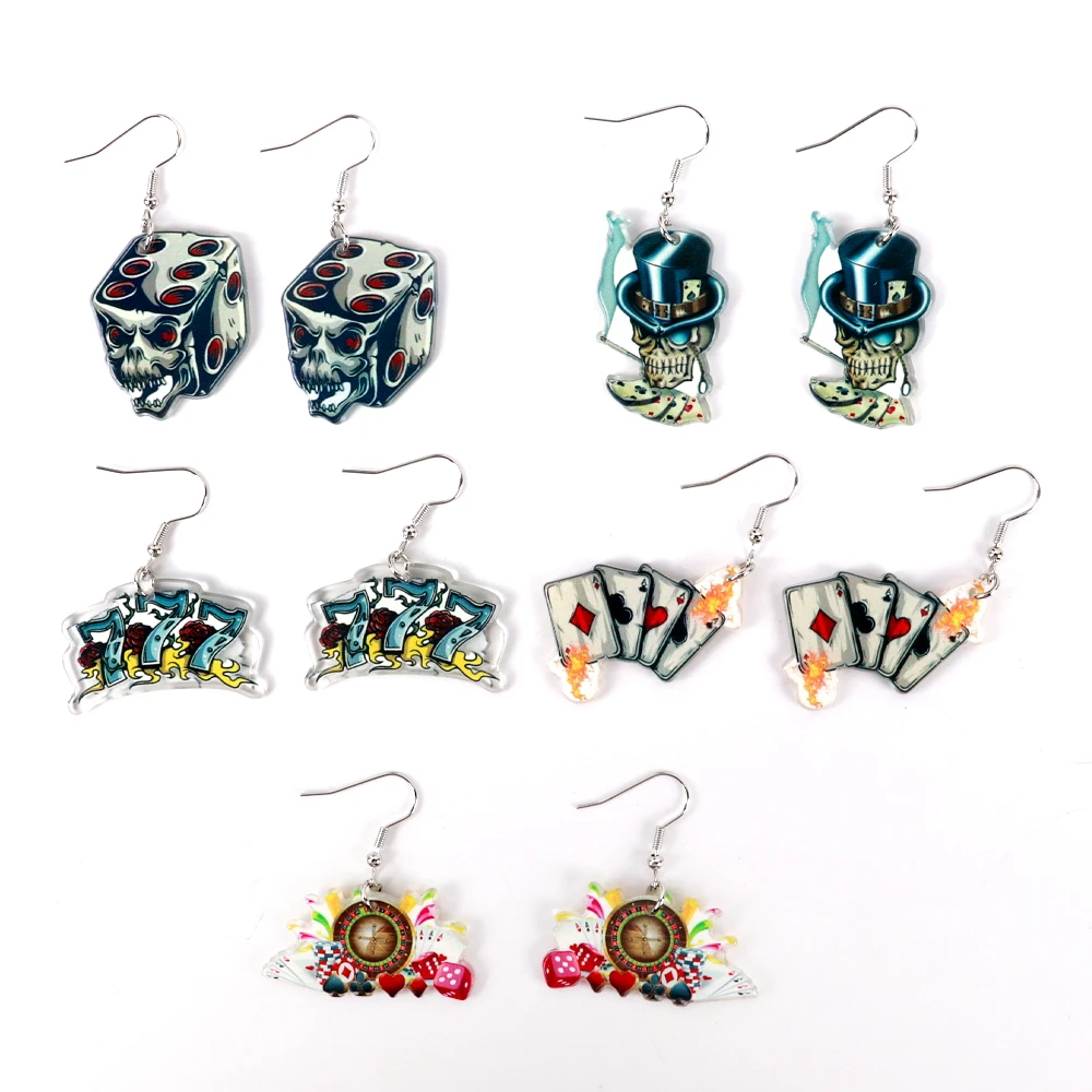 

Custom creative wholesale playing card dice skull print spoof fun men acrylic earrings for women