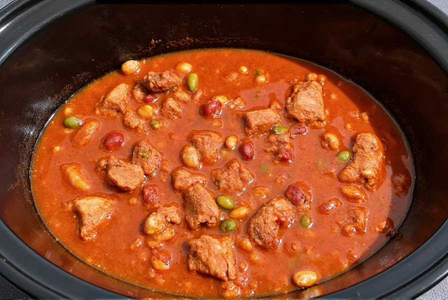 Slow cooker filled with rich red chili containing visible tender stew meat cubes and beans
