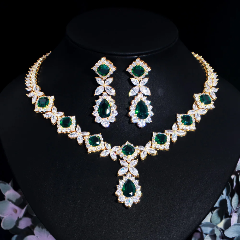 

Big Leaf Drop Green Cubic Zircon Women Party Costume Jewelry Sets for Brides Wedding Accessories Dubai 18k Gold Plated