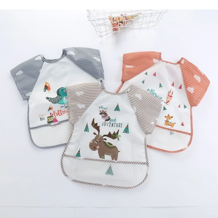 

M855 Baby Short Sleeve Bib Waterproof Bibs with Sleeves Aprons Pocket Anti Dirty Waterproof Baby Bibs