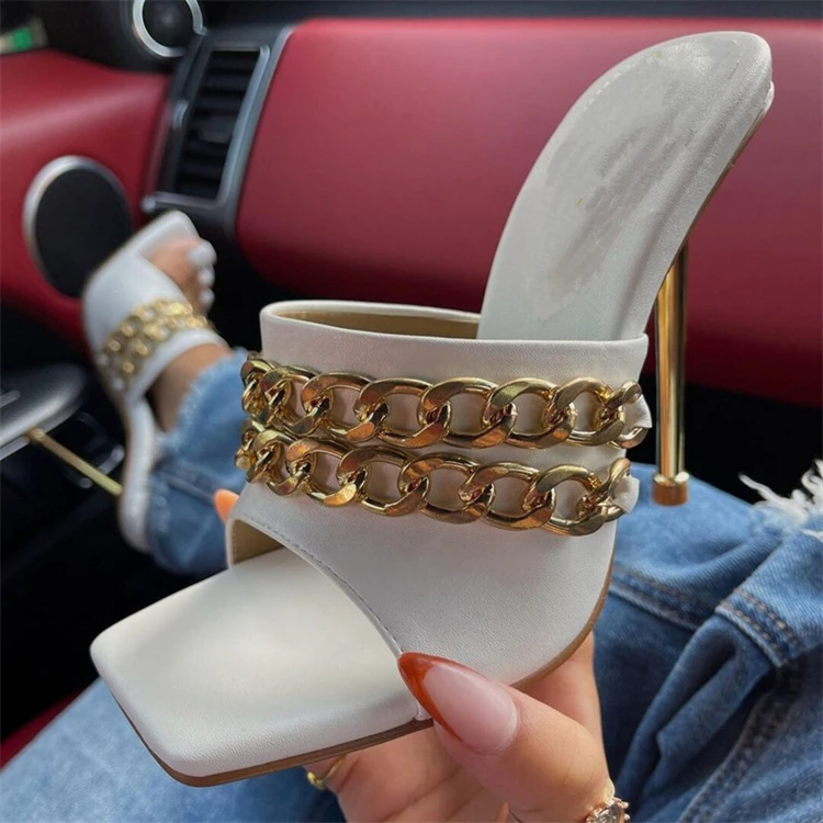 

Ins Hot Sale Women's Shoes Electroplated Metal Chain Pvc Heel Sandals Square Toe High Heels Slippers