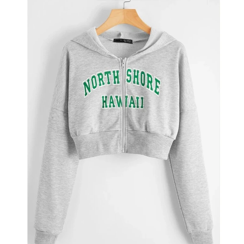 

OEM Casual Front Zip Drop Shoulder Letter Embroidered Crop Hoodie Jacket Top For Women, Customized colors