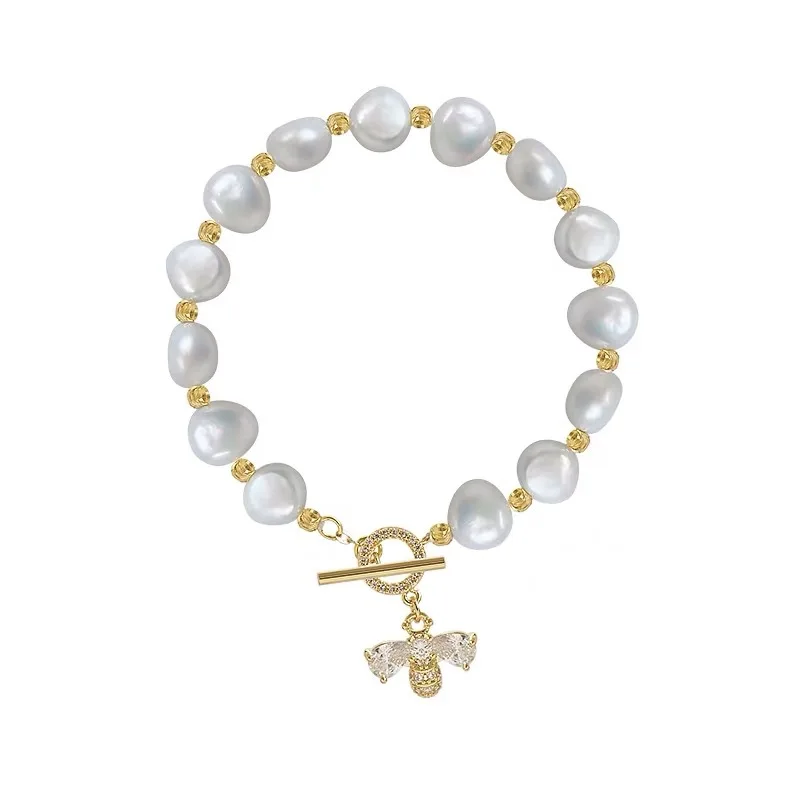 

INS Fashion Simple Natural Pearl Bracelet Freshwater Baroque Pearl Micro Zircon Small Bee Bracelet