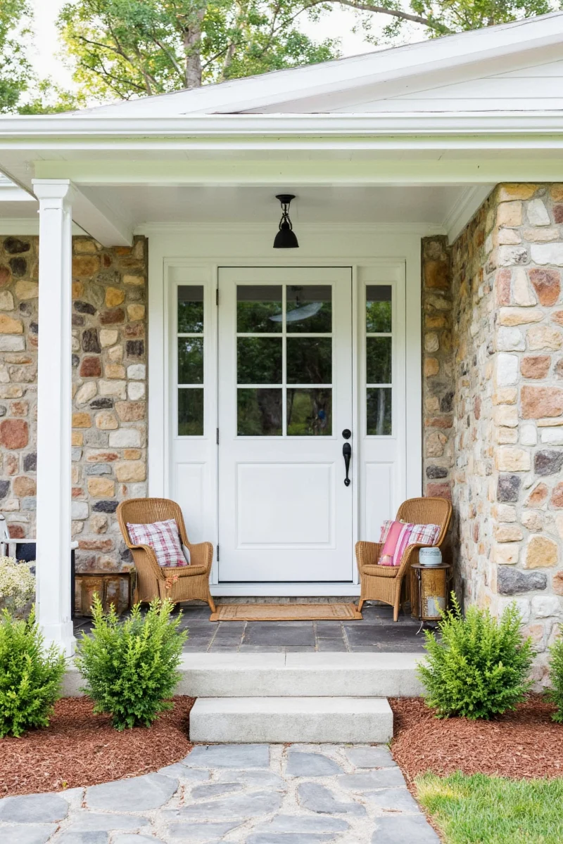 Front porch with wooden bench, plants and string lights
