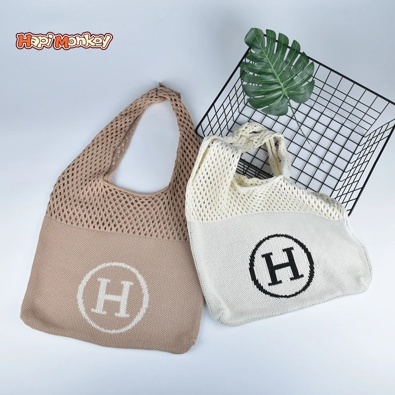 

Hapimonkey Knitting Cotton Knitted Portable OEM Embroidery Design Fashiion Tote Bag Ladies Bag