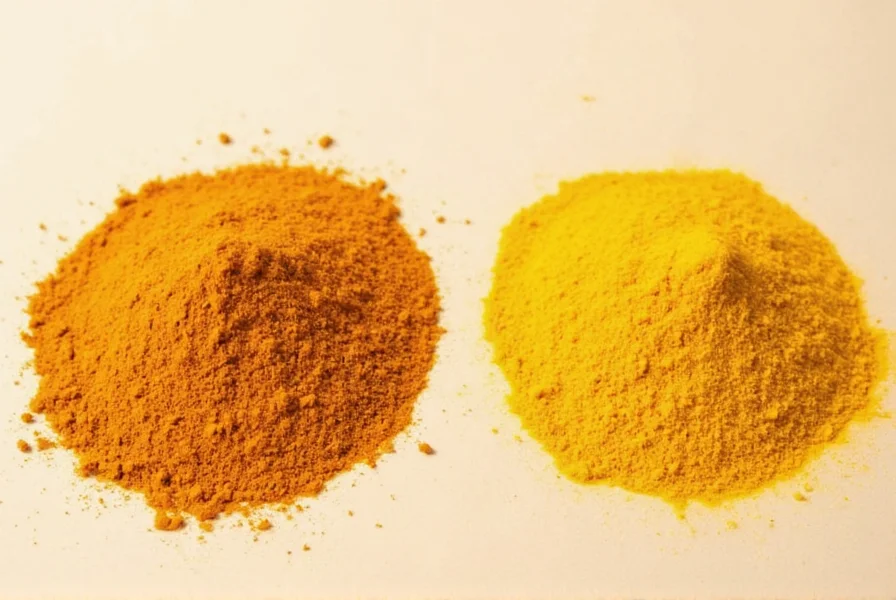 Scientific illustration showing turmeric root, ground turmeric powder, and molecular structure of curcumin