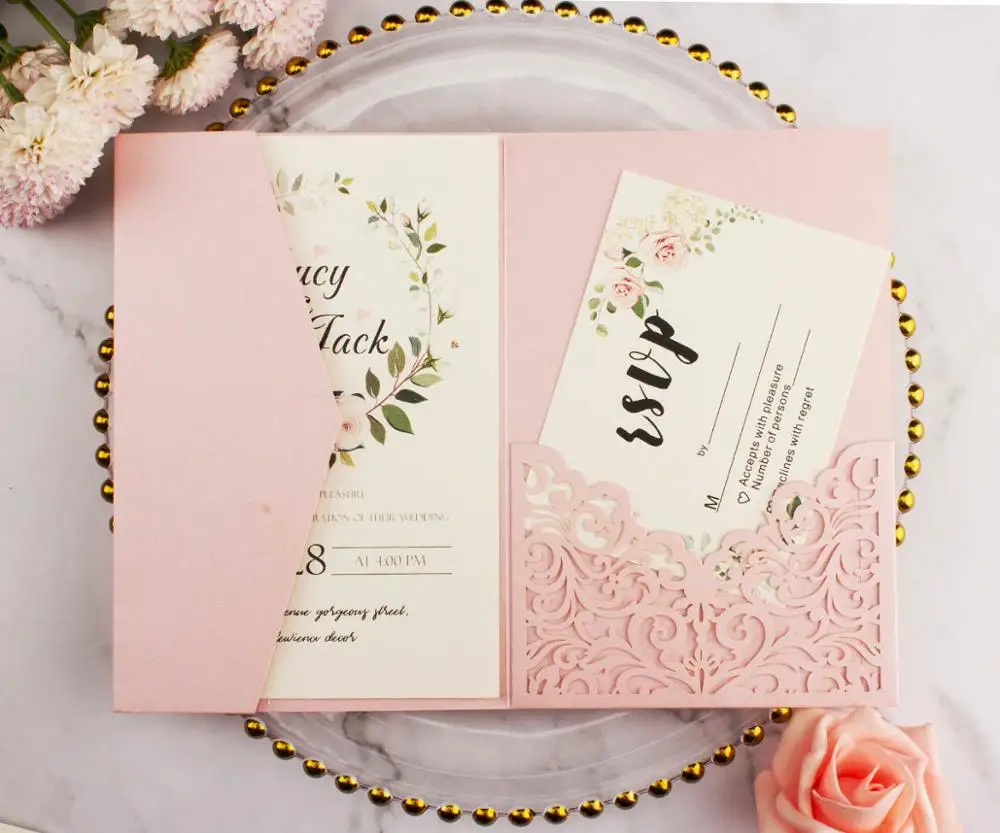 

Luxurious pocket pink lilac wedding invitation card Laser Cut 5x7 trifold greeting Gift Cards For wedding birthday Decoration