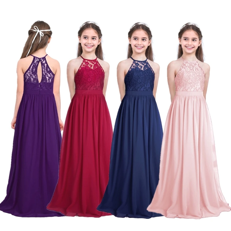 

Cheap Girls Dress Sleeveless Halter Flower Girl Princess Pageant Wedding Bridesmaid Birthday Party Dress