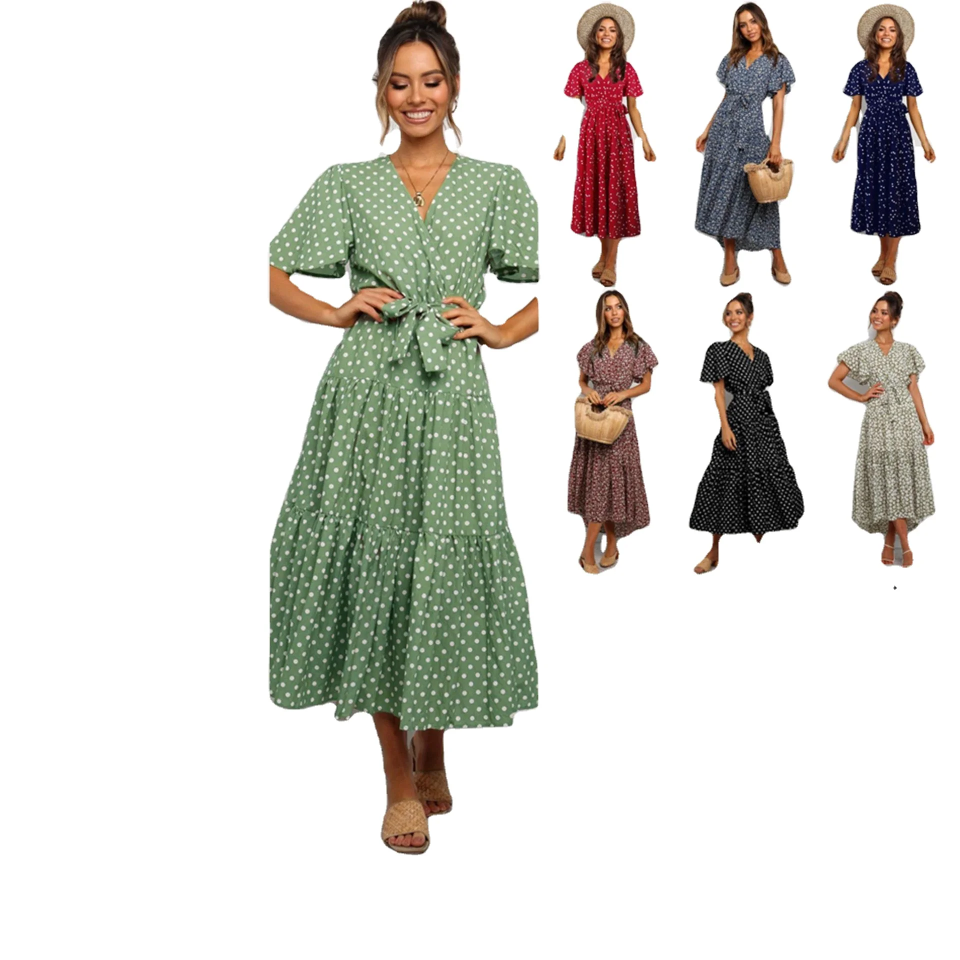 

2021 summer new style V-neck cross-polka dot floral belt outdoor casual dress