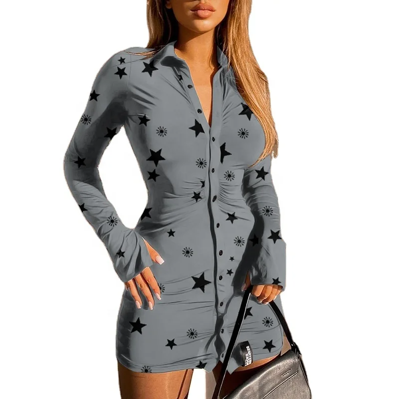 

2021 New Floral Print Long Sleeve Casual Mini Dress Women Turn-down Collar Button Up Skinny Long Shirt Dress Office Lady Outfit