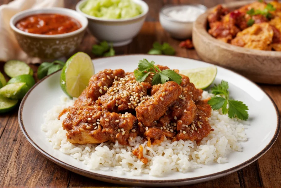 Homemade Mexican chicken mole with sesame seeds served over white rice with traditional sides