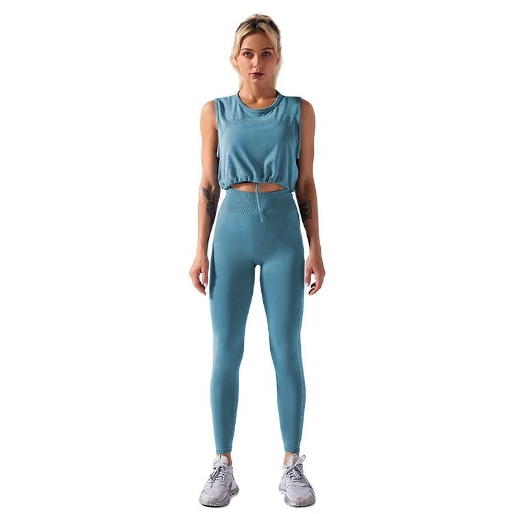 

Seamless Yoga suit drawstring Free adjustment top fitness suit Sleeveless loose Sportswear High waist Yoga Pants 2 psc