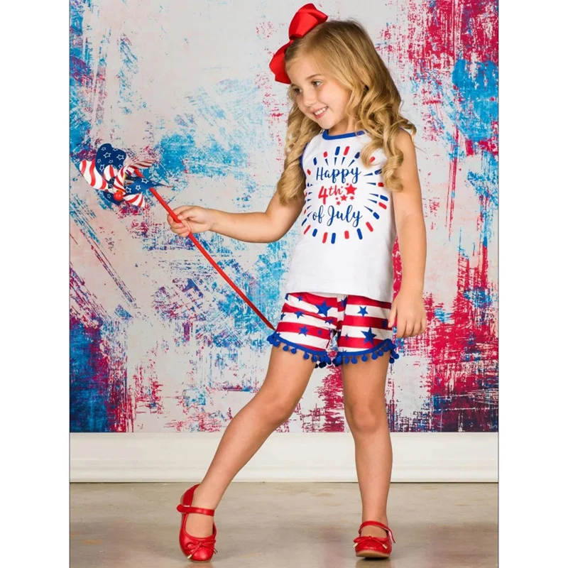 

4th of July Kids Baby Girls Shorts Sets Sleeveless T-shirt Tops+Star Striped Shorts Outfits Fourth of July Children Clothes