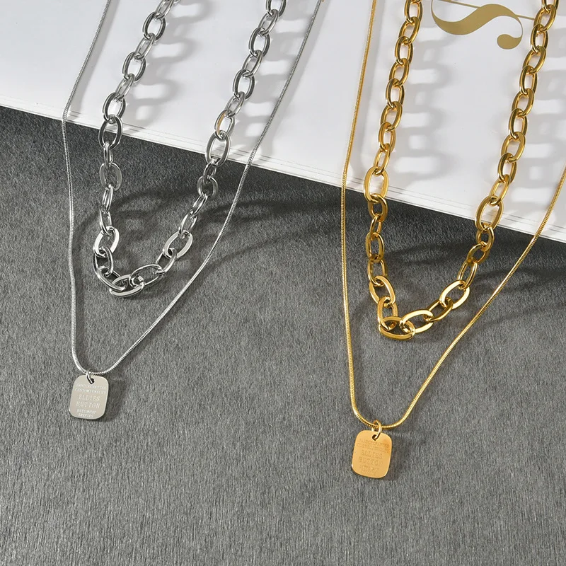 

18k Gold Plated Stainless Steel 2 Layer Cuban Chain With Engraved Bar Pendant Necklace For Women Jewelry