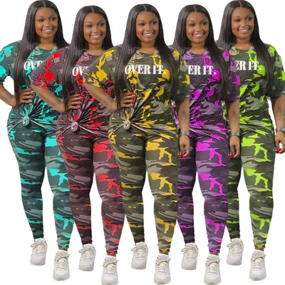

2021 fat lady sport wear camouflage letter two piece set women plus size clothing