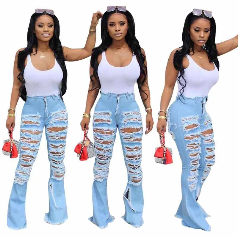 

summer woman sexy casual ripped denim bell bottom flare pants jeans