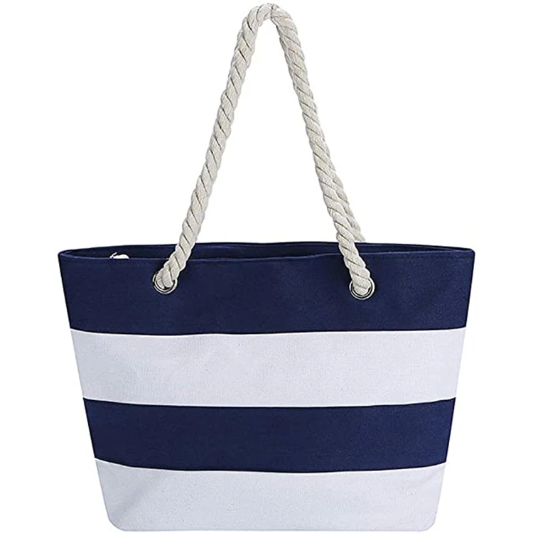 

Qetesh School Handbag Simple Stitching Color Design Stripes For Travel With Cotton Rope Handle, Blue