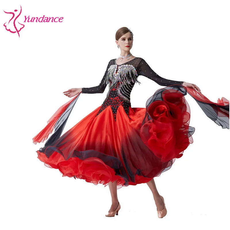 B19492 Hand Make Red Long Sleeve Ballroom Dance Competition Dresses