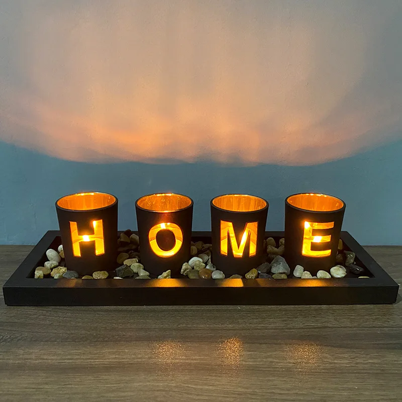 

Creative Shining Warm Wooden Letter HOME Candlestick Set Glass Candlestick Decoration Home Ceterpiece Hot Selling, Gold