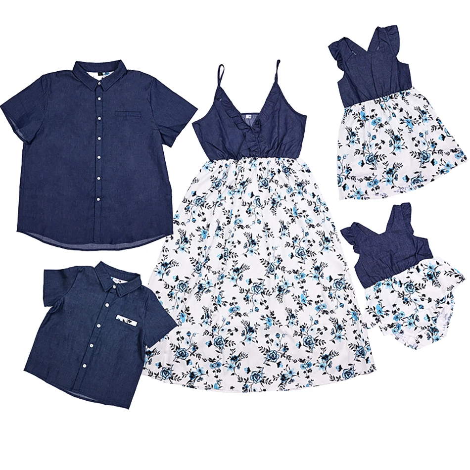 

Dark blue cotton floral family suit In summer, a family of five mother and daughter dress as a family