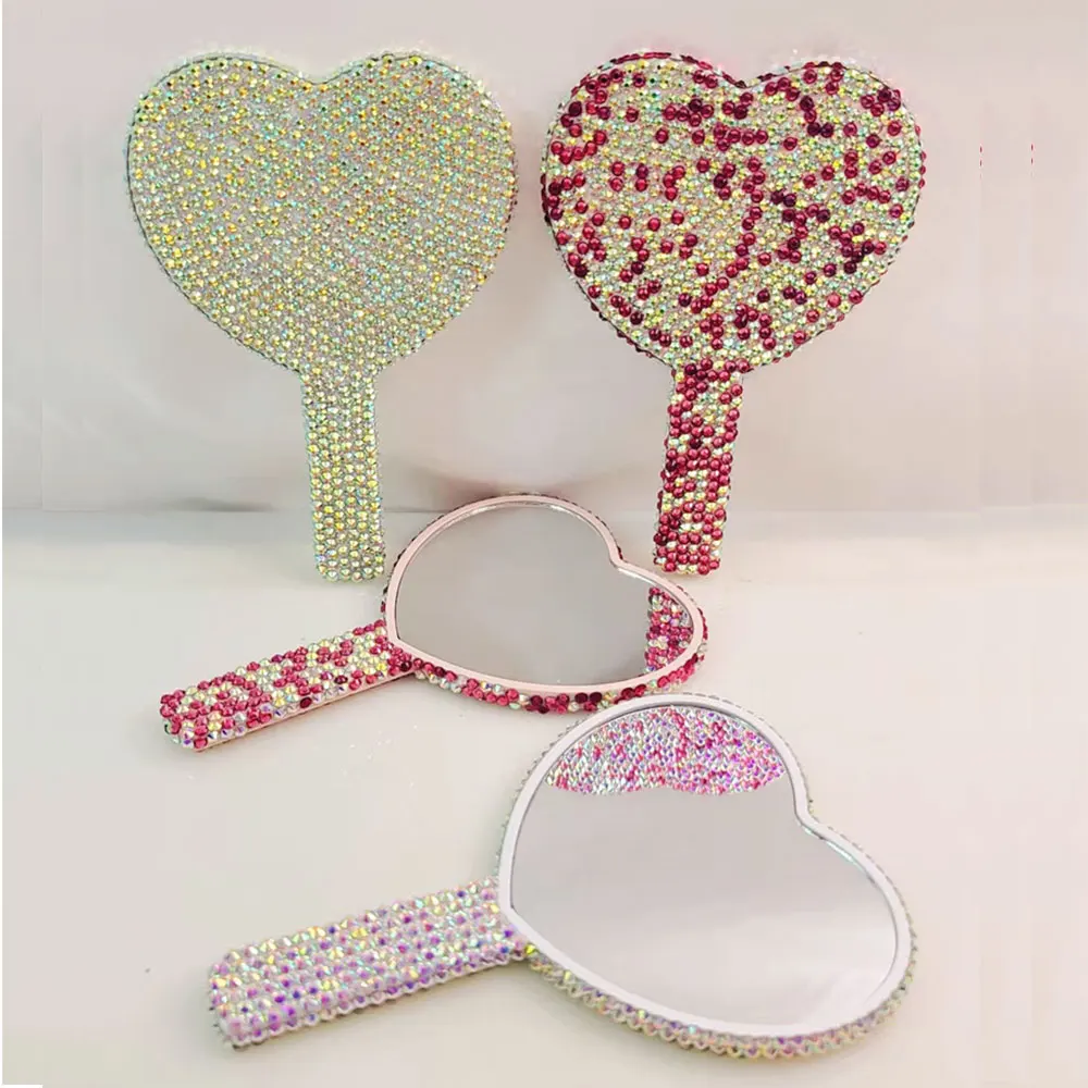 Custom Makeup Mirror Heart Shiny Diamond Cosmetic Mirror Handheld Mirror Bling Diamond Rhinestone for Beauty
