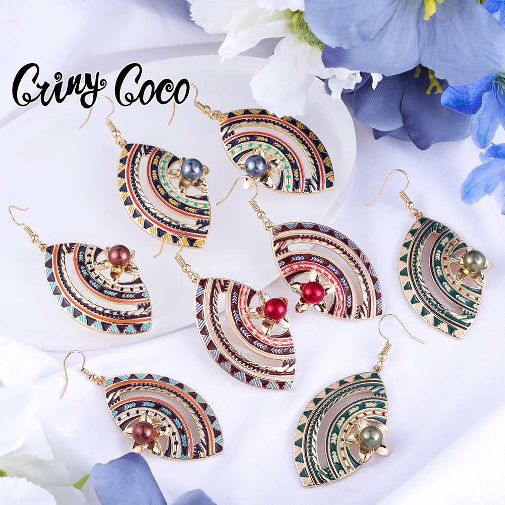 

Cring CoCo Fan-shaped Manual Colorful Enamel Large Dangle Black pearl Dropship polynesian Jewelry wholesale Hawaiian Earrings, 14k gold plated
