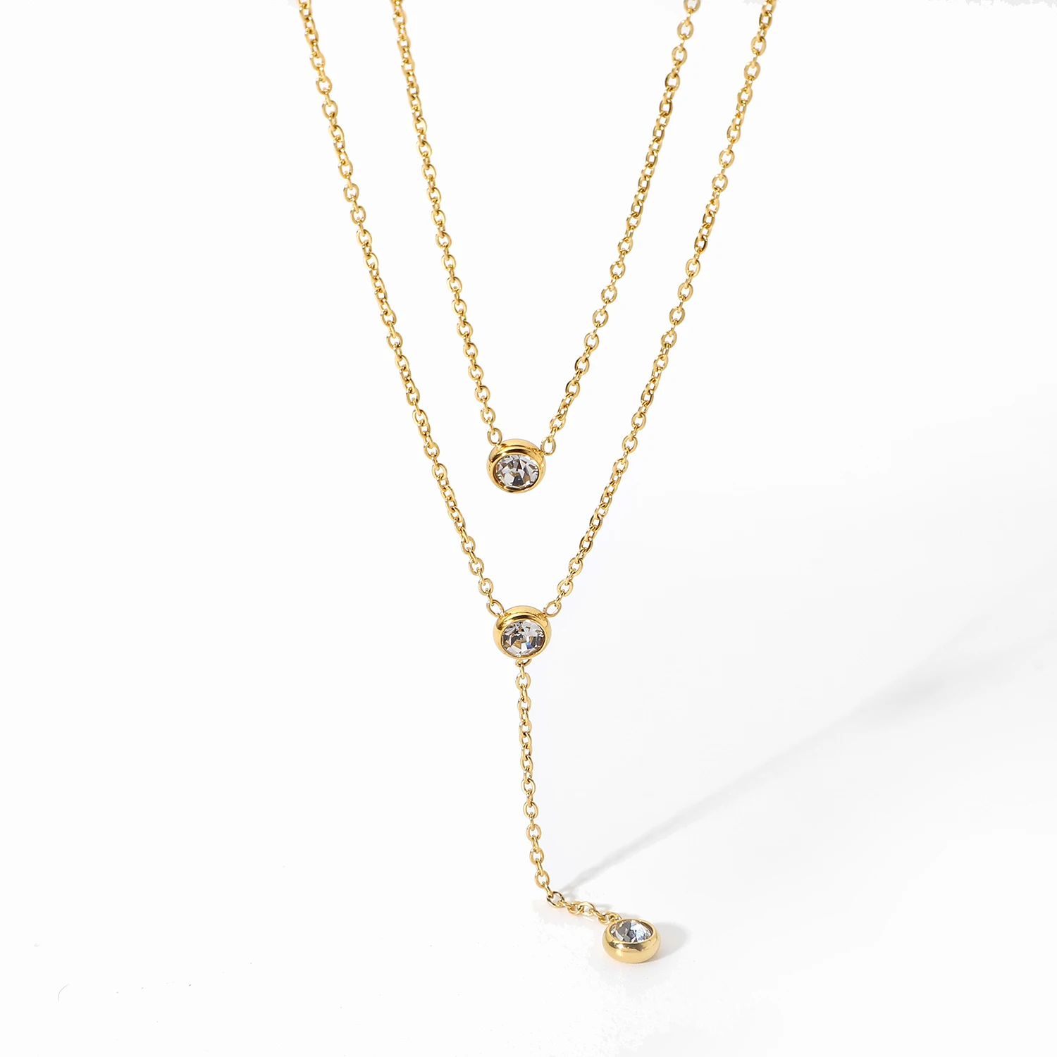

18K Gold Stainless Steel Y Shaped Dainty Chain Double Layer Shiny Cubic Zirconia Lariat Necklaces