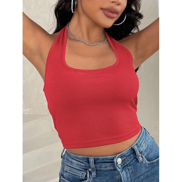 

Custom logo sexy ladies red cotton backless halter tank top sexy ribbed crop tops for women