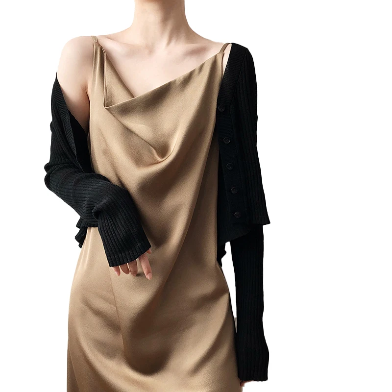 

High Quality Sexy Dress Night Club Women Sleeveless Summer Sundress Solid Sexy Base Satin Dress