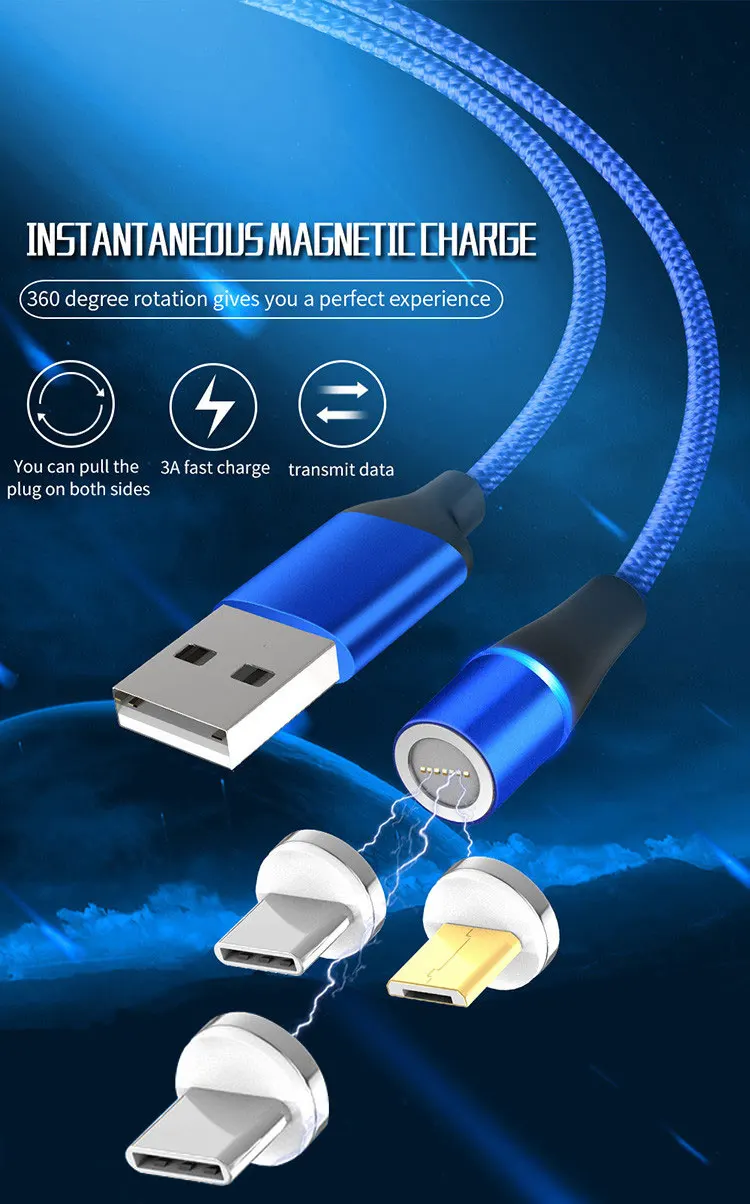 high selling nylon fabric 3a fast charging 3 in 1 magnetic led usb charging cable - ANKUX.COM