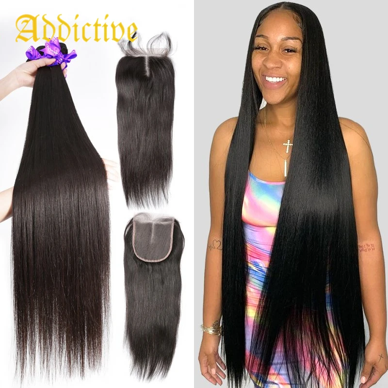 

Addictive 9A Mink Cuticle Aligned Virgin Hair Weave Extensions Vendors Bone Straight Human Hair Bundles With Lace Closure