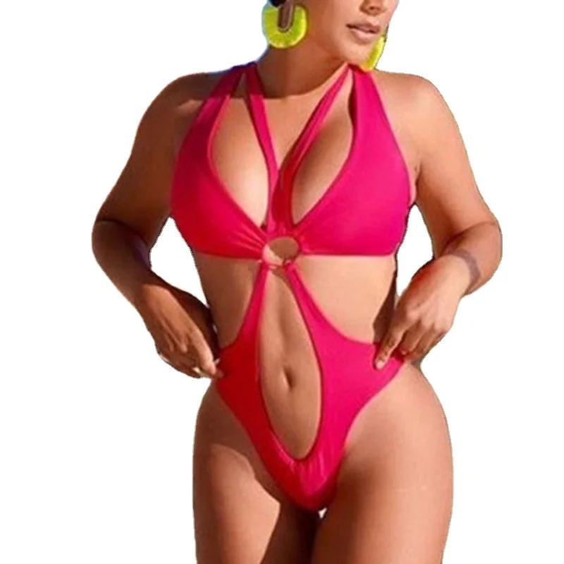 

Hollow Out Pink Padded Summer Bikini Sexy 1 Piece Bathing Suit One Piece Swimsuit Brazillian