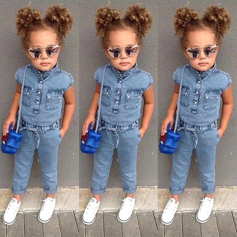 

Hot Sale Kids Denim Jumpsuit Popular Style Cotton Short Sleeves Girls Rompers