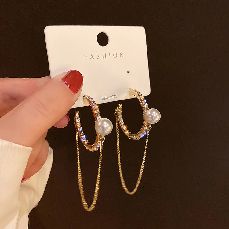 

fashion jewelry trendy chain pearl crystal hoop earrings