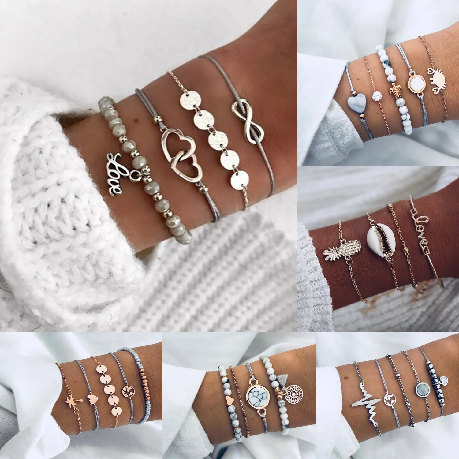 

Wholesale Bohemian Fashion Women Jewelry Set Crystal Love Heart Shell Alloy Rope Natural Stone Bracelets Set, As the picture