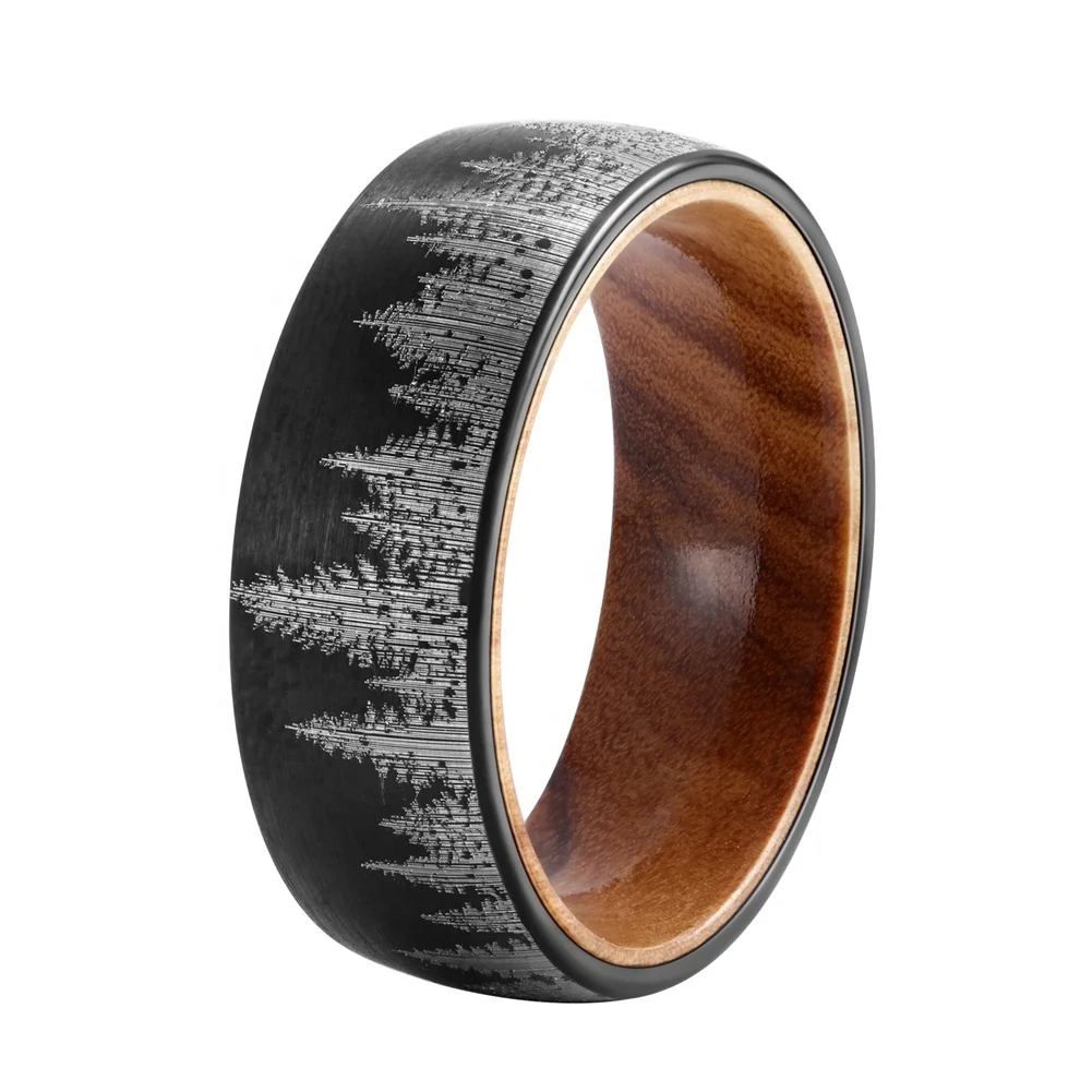 POYA 8mm Black  Plated Tungsten Ring Vintage Wood Inside Ring with Forest Laser Design for Wedding or Gift
