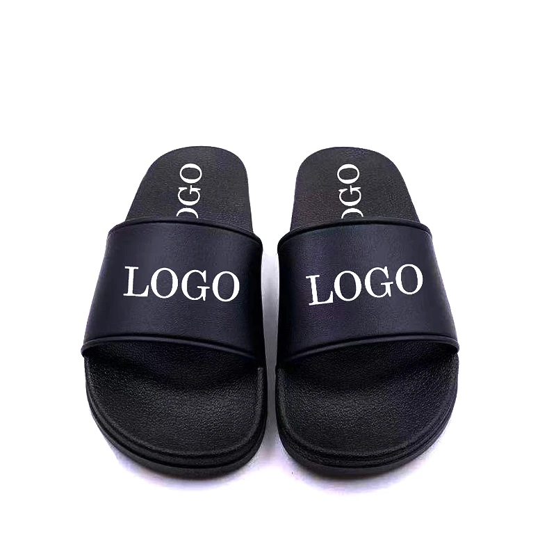 

Wholesale Summer Beach Black Custom Logo Rubber PVC Slippers Slides Footwear for Men, Black,as the customer's request
