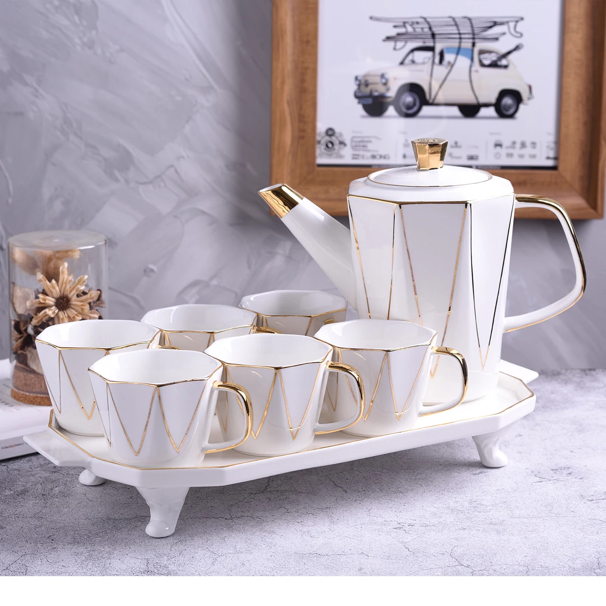 

Luxury 8pcs Porcelain Coffee Tea Set With Gold Decor Ceramic Tea Pot And Cup Set, Gold plated